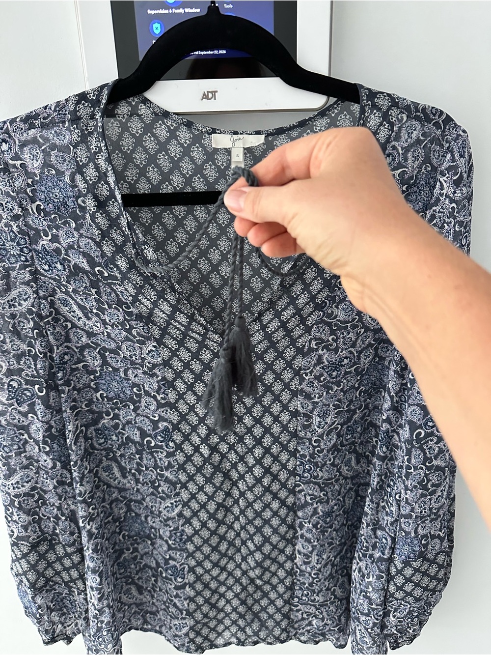 Joie Navy and White Patterned Tassel V-Neck Blouse